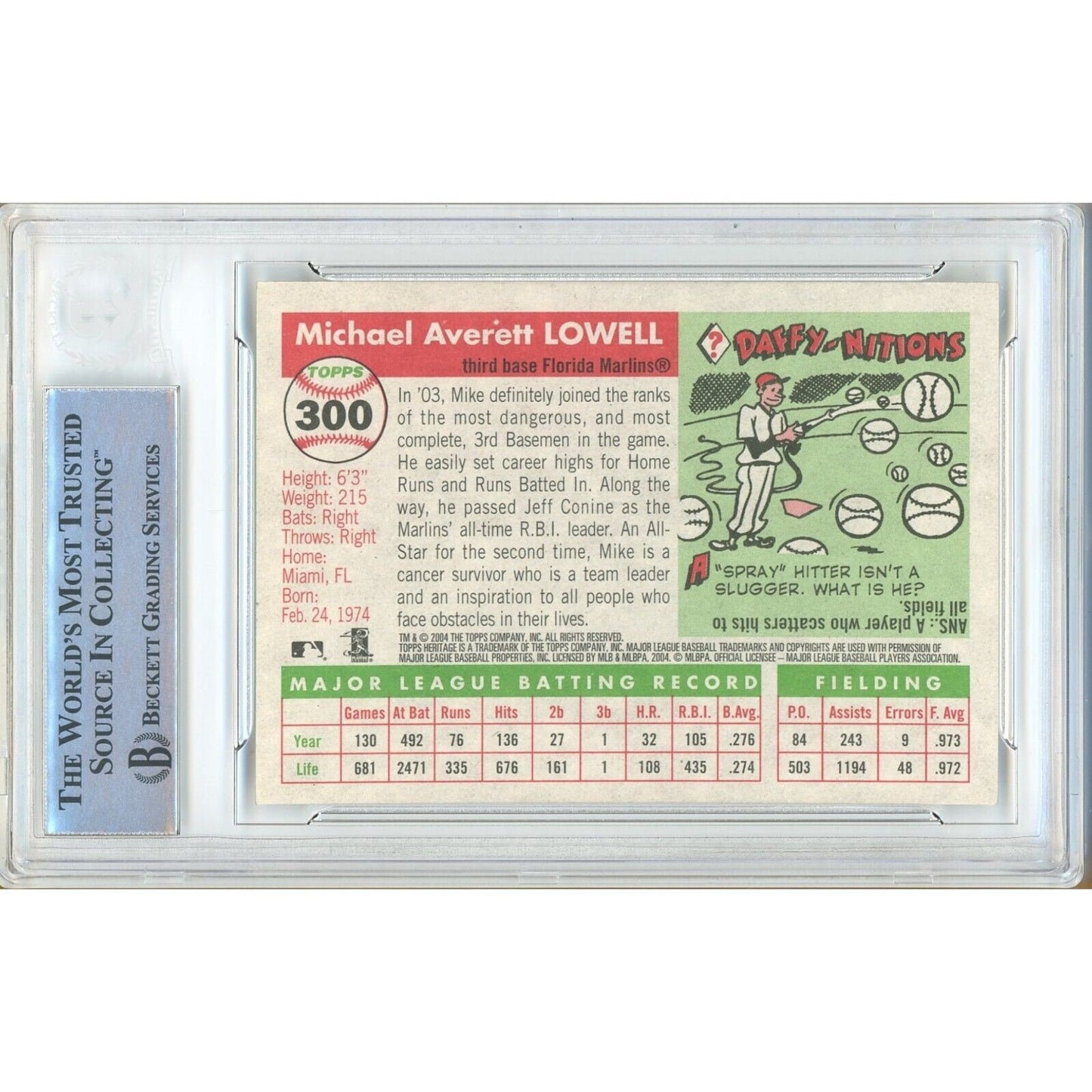 Baseballs- Autographed- Mike Lowell Florida Marlins Signed 2004 Topps Heritage Baseball Card Beckett Authentic Auto Slab Back