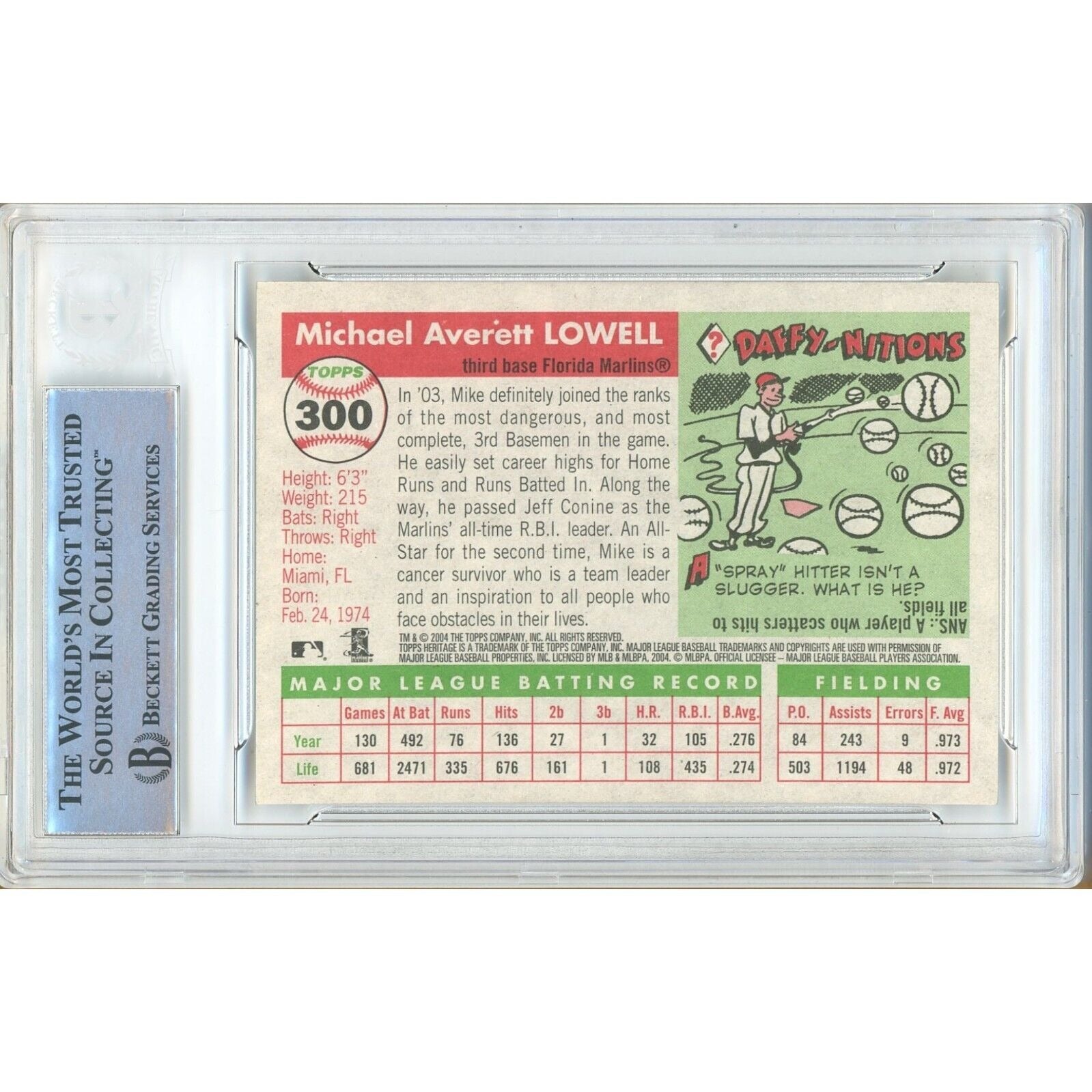 Mike Lowell Miami Marlins auto trading card – authentication sticker – Beckett COA
