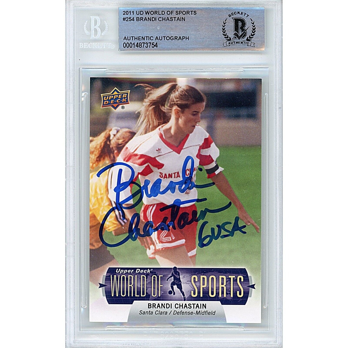 Soccer- Autographed- Brandi Chastain Team USA Signed 2011 Upper Deck World of Sports Trading Card Beckett Authentic Auto Slab Front