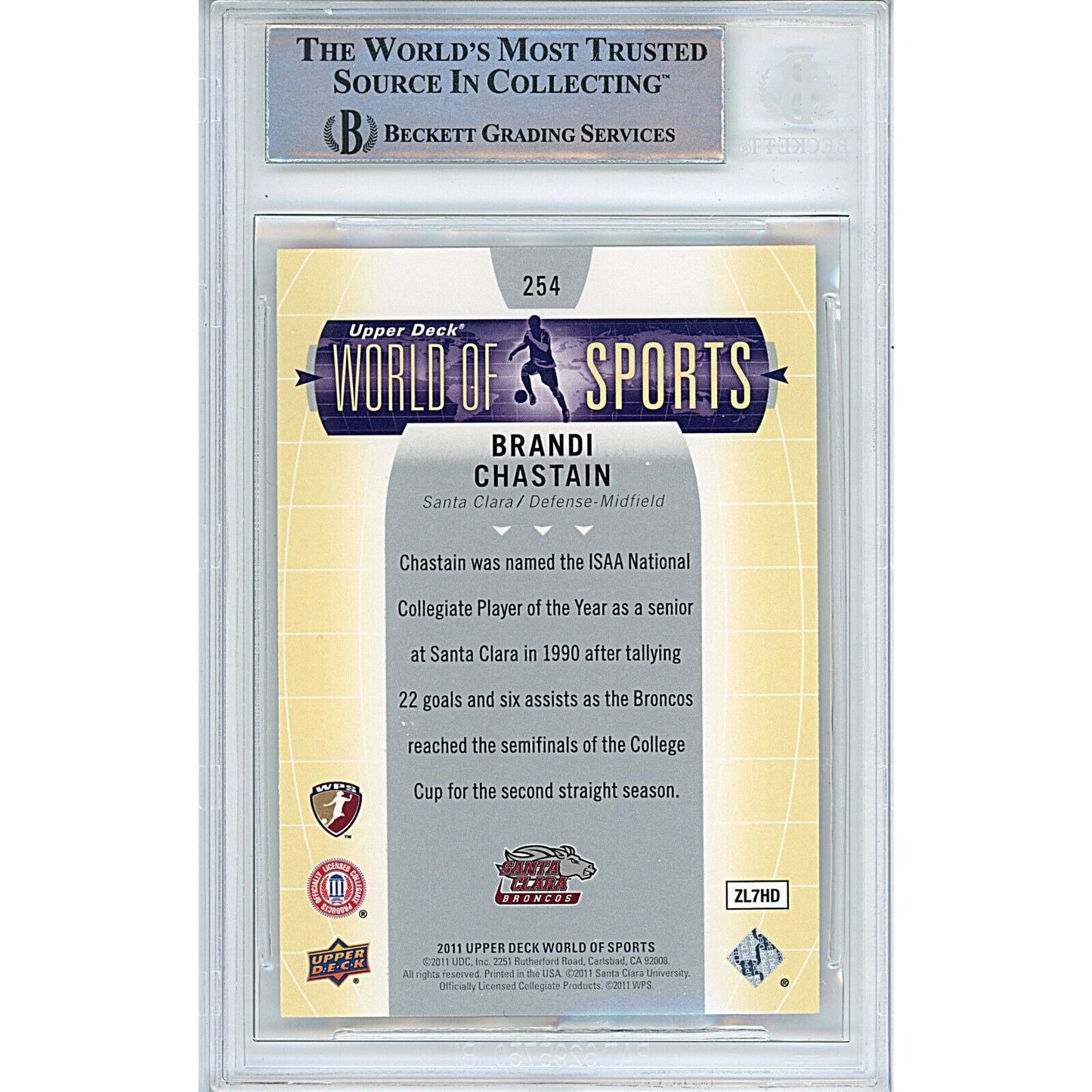 Soccer- Autographed- Brandi Chastain Team USA Signed 2011 Upper Deck World of Sports Trading Card Beckett Authentic Auto Slab Back