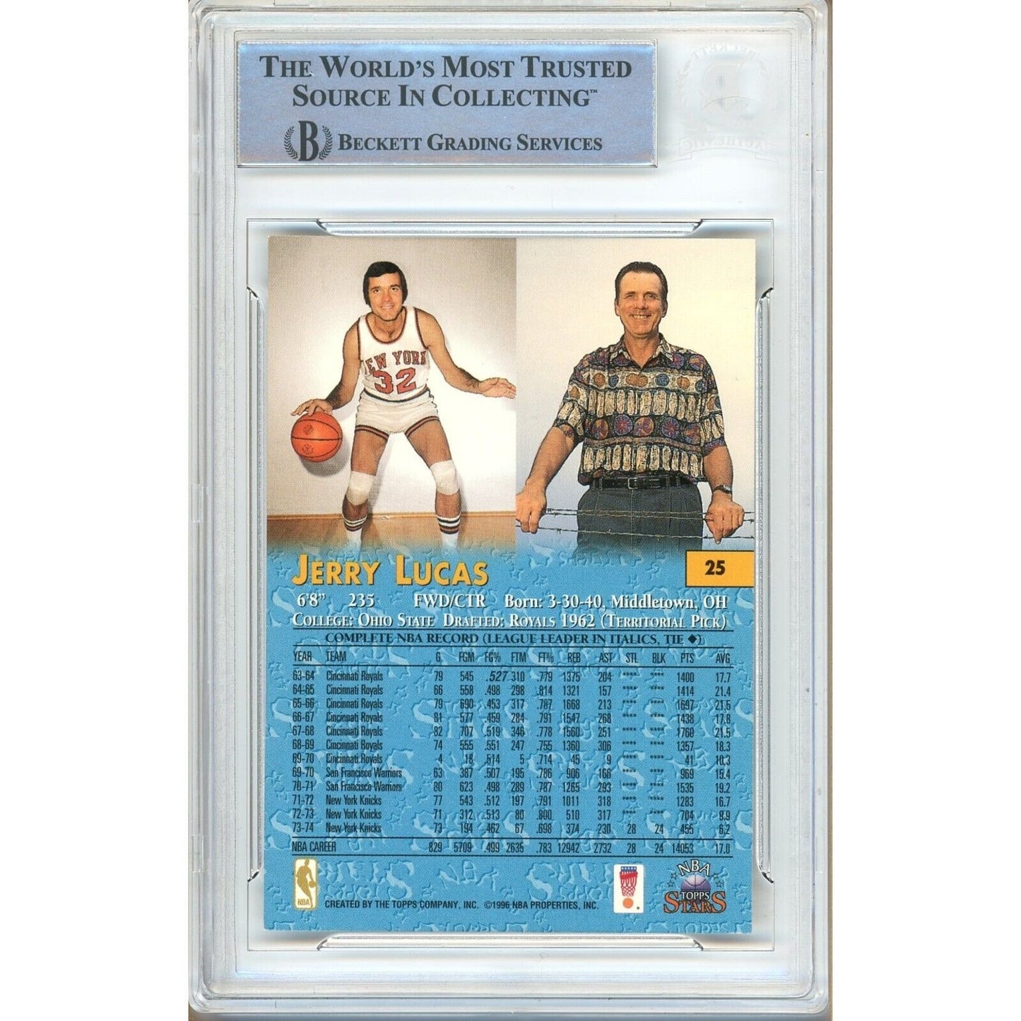 Basketballs- Autographed- Jerry Lucas New York Knicks Signed 1996 Topps Stars Basketball Card Beckett Authentic Auto Slab Back