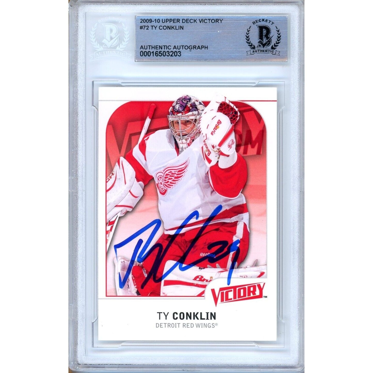 Hockey- Autographed- Ty Conklin Detroit Red Wings Signed 2009-10 Upper Deck Victory Trading Card Beckett Authentic Auto Slab Front