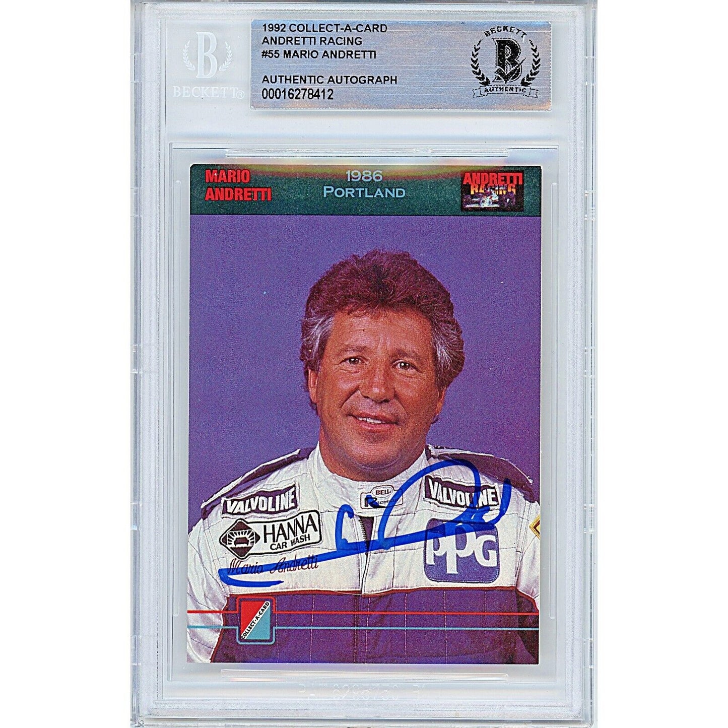 Nascar- Autographed- Mario Andretti Signed 1992 Collect-a-Card Andretti Racing Trading Card Beckett Authentic Auto Slab Front