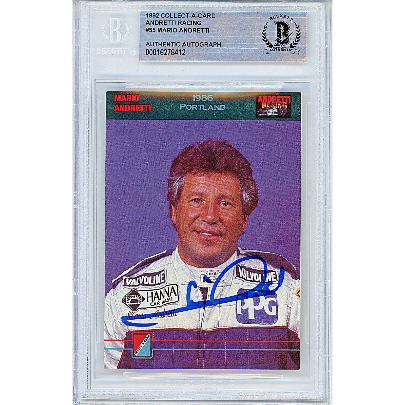 Nascar- Autographed- Mario Andretti Signed 1992 Collect-a-Card Andretti Racing Trading Card Beckett Authentic Auto Slab Front