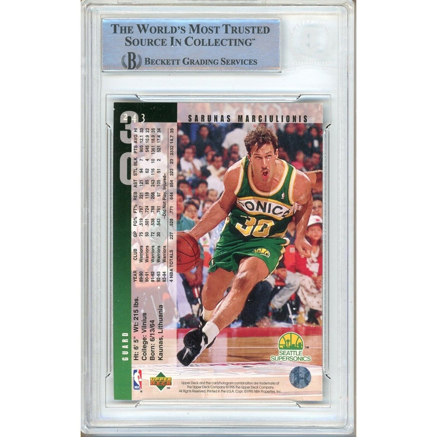 Basketballs- Autographed- Sarunas Marciulionis Seattle Supersonics Signed 1994-95 Upper Deck Trading Card Beckett Authentic Auto Slab Back