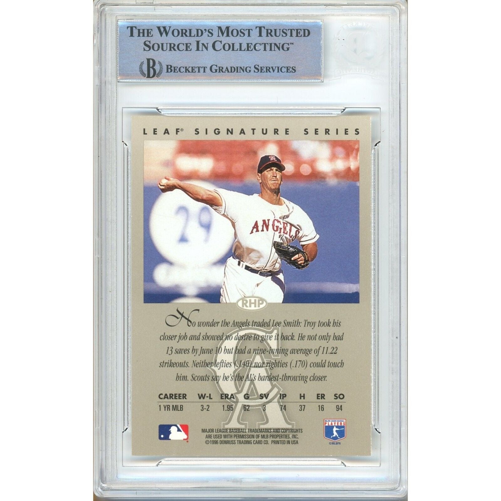 Troy Percival La Angels signed trading card – signature close-up – Beckett COA
