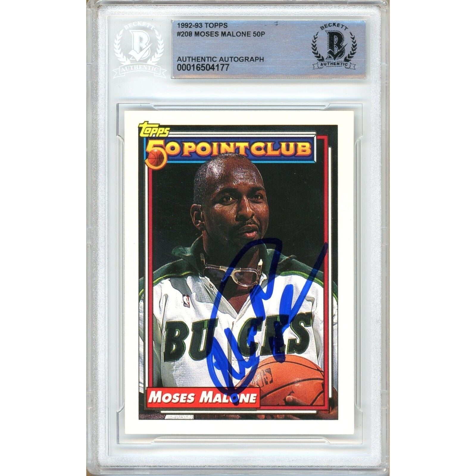 Basketballs- Autographed- Moses Malone Milwaukee Bucks Signed 1992-93 Topps 50 Point Club Basketball Card Beckett Authentic Auto Slab Front