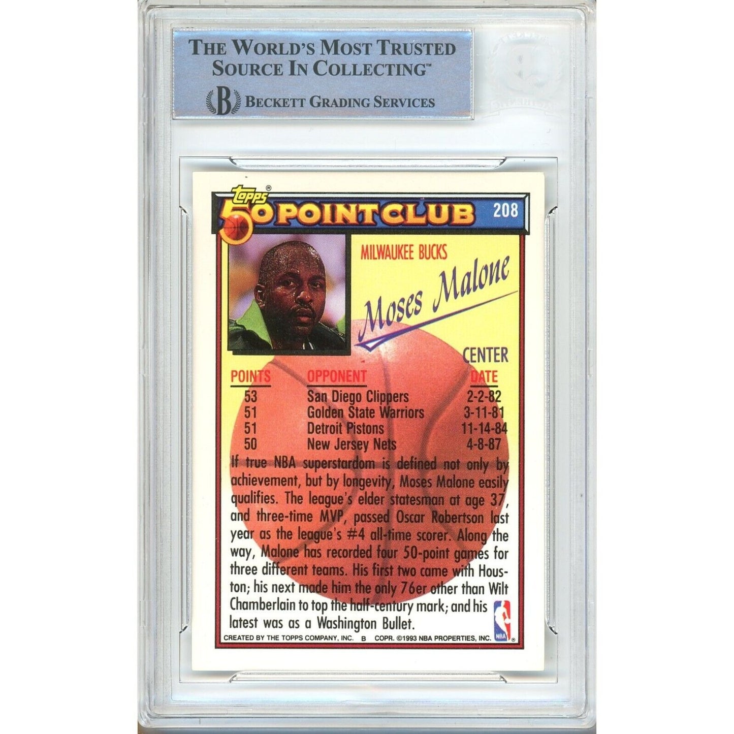 Basketballs- Autographed- Moses Malone Milwaukee Bucks Signed 1992-93 Topps 50 Point Club Basketball Card Beckett Authentic Auto Slab Back