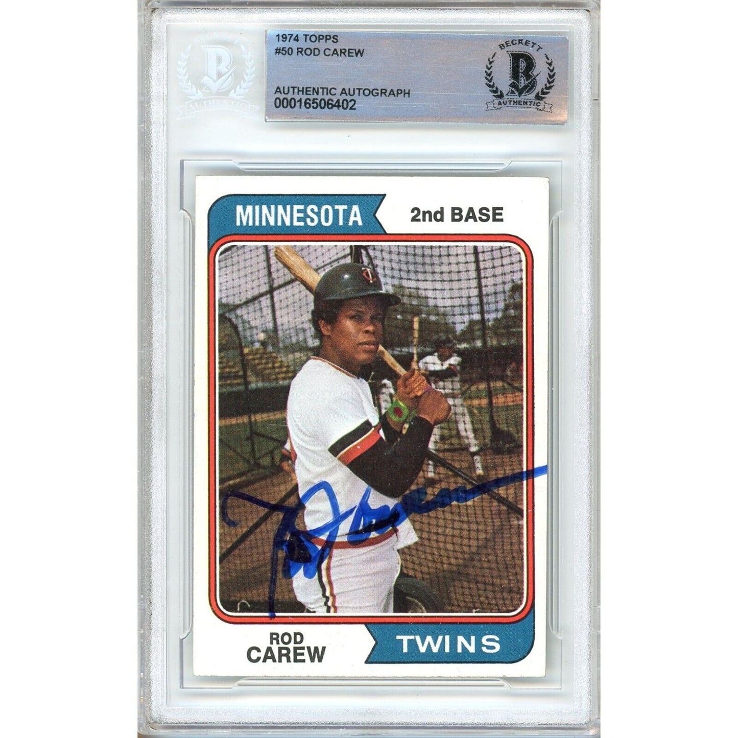 Baseballs- Autographed- Rod Carew Minnesota Twins Signed 1974 Topps Trading Card Beckett Authentic Auto Slab Front