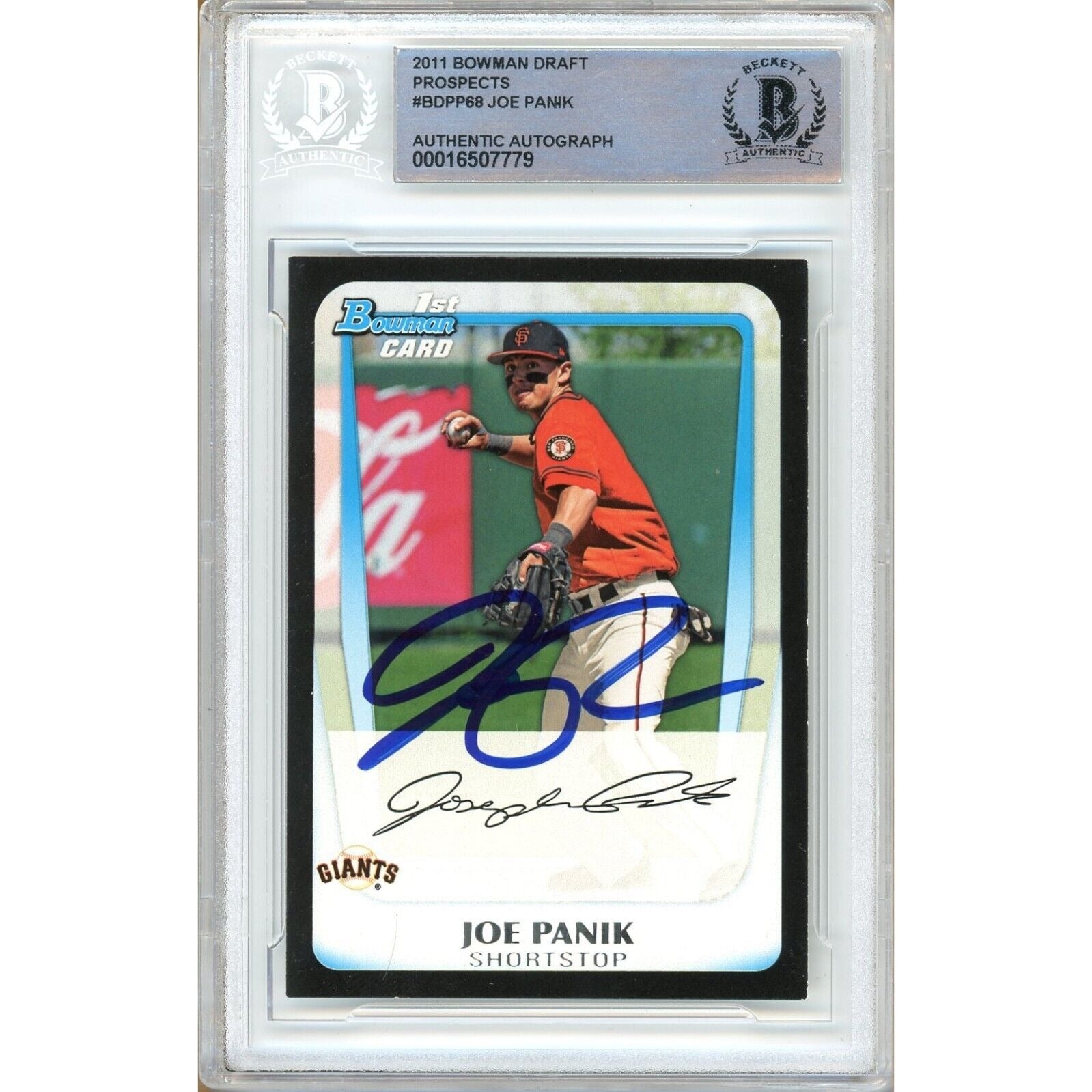 Baseballs- Autographed- Joe Panik San Francisco Giants Signed 2011 Bowman Draft Prospects Rookie Baseball Card Beckett Authentic Auto Slab Front