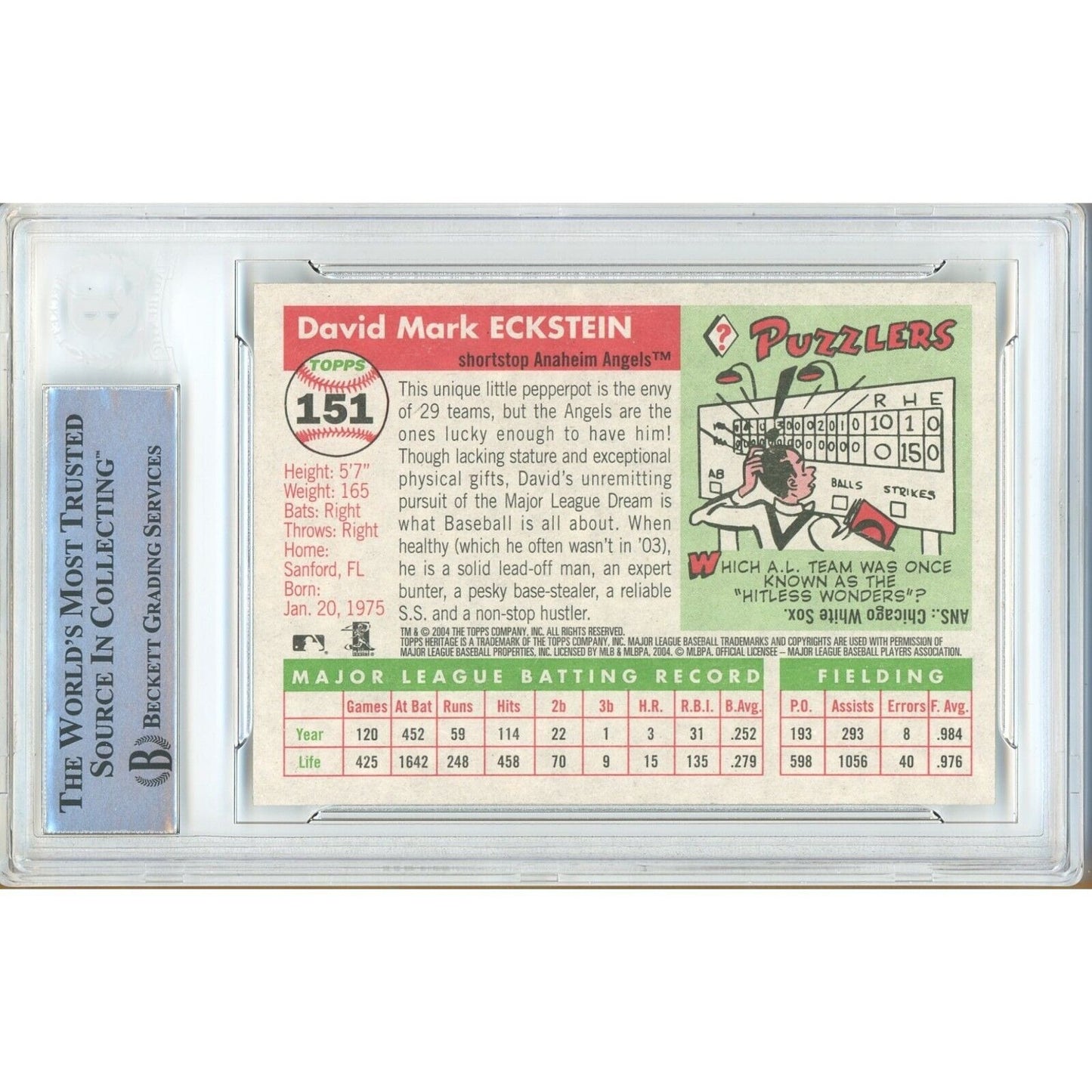 Baseballs- Autographed- David Eckstein Los Angeles Angels Signed 2004 Topps Heritage Baseball Card Beckett Authentic Auto Slab Back