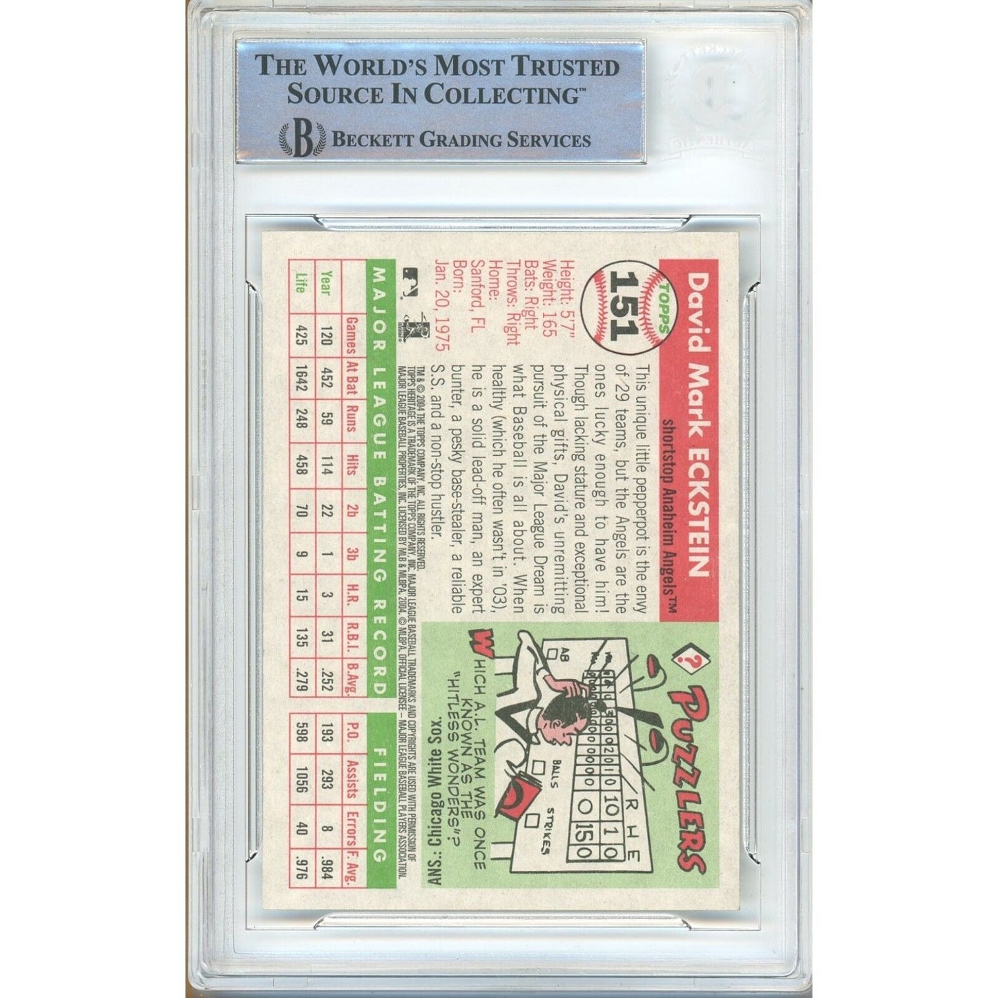 Baseballs- Autographed- David Eckstein Los Angeles Angels Signed 2004 Topps Heritage Baseball Card Beckett Authenticated Auto Slab Back