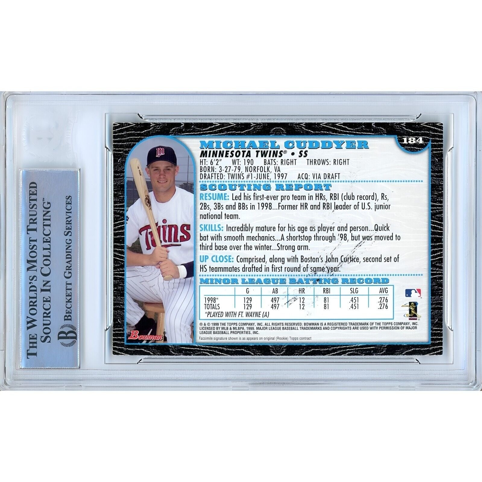 Baseballs- Autographed- Michael Cuddyer Minnesota Twins Signed 1999 Bowman Chrome Baseball Card Beckett Authentic Auto Slab Back