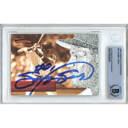 Baseballs- Autographed- Sammy Sosa Chicago Cubs Signed 1996 Pinnacle Aficionado Trading Card Beckett Authentic Auto Slab Front