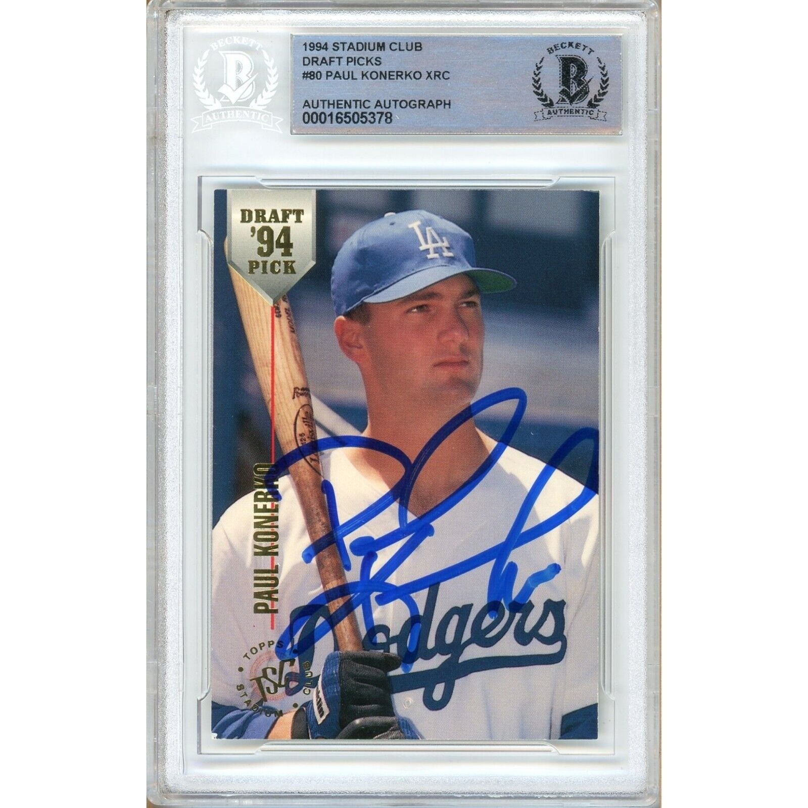 Baseballs- Autographed- Paul Konerko Los Angeles Dodgers Signed 1994 Topps Stadium Club Draft Picks Rookie Baseball Card Beckett Authentic Auto Slab Front