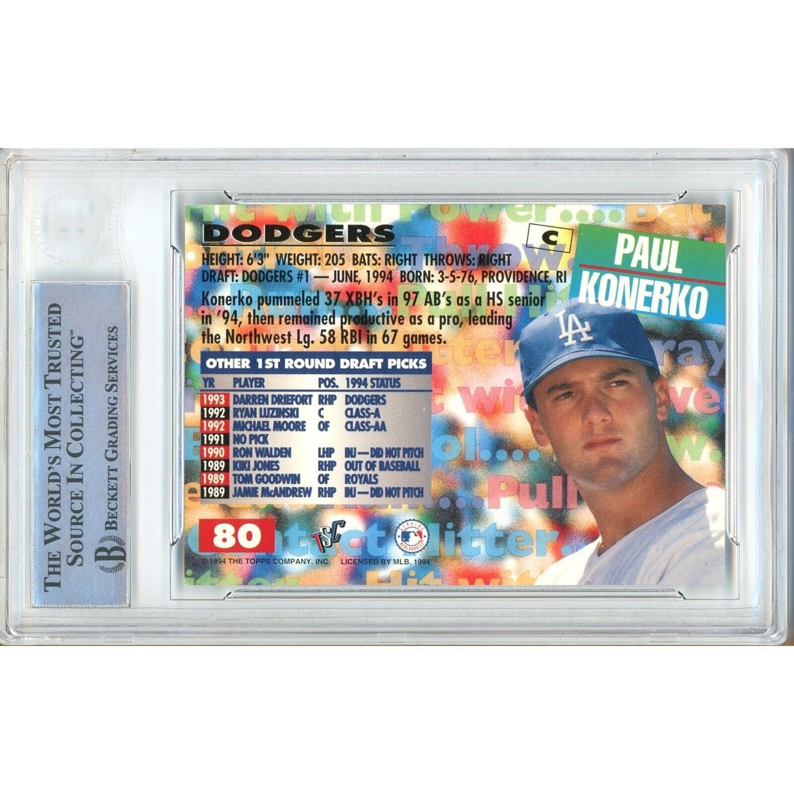 Baseballs- Autographed- Paul Konerko Los Angeles Dodgers Signed 1994 Topps Stadium Club Draft Picks Rookie Baseball Card Beckett Authentic Auto Slab Back