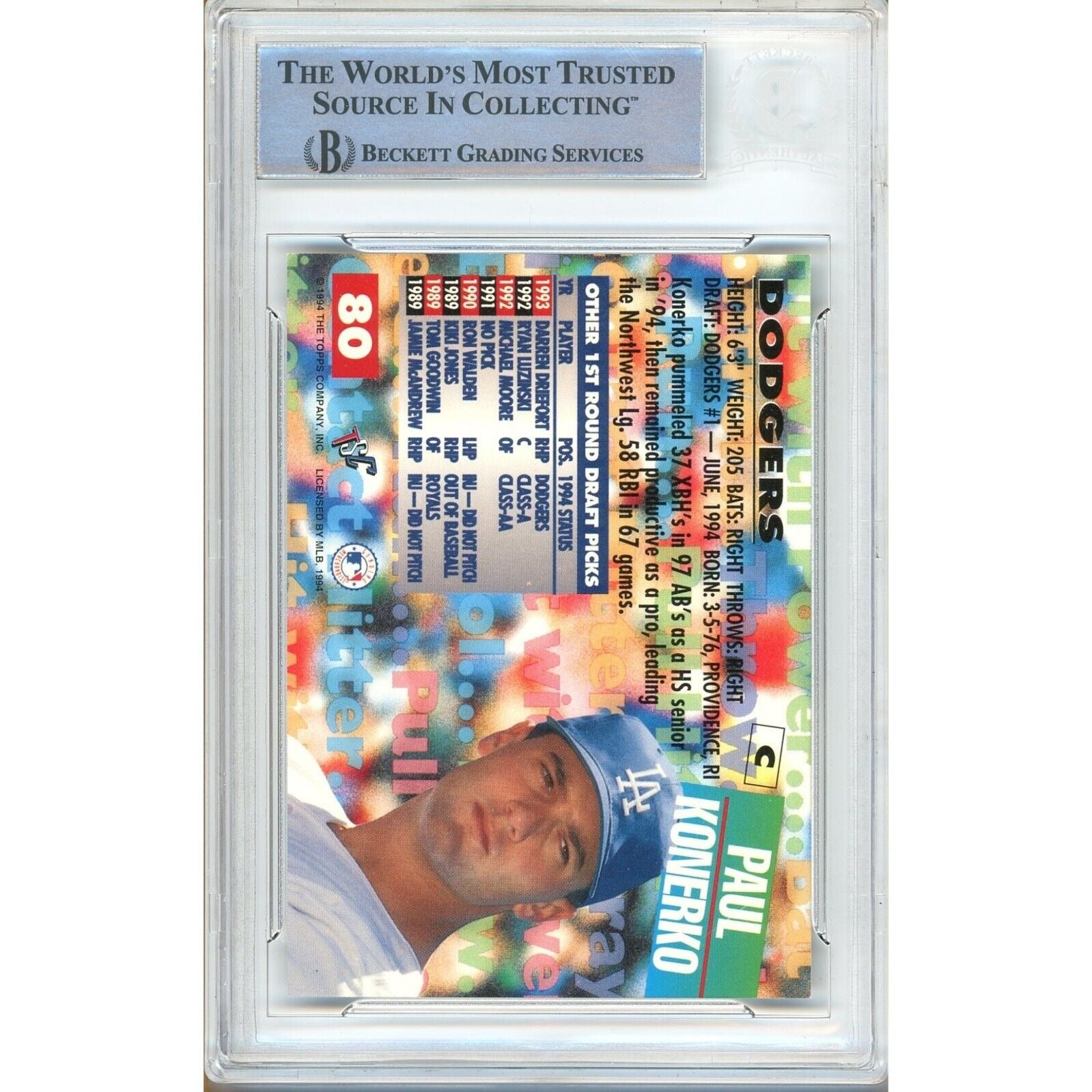 Baseballs- Autographed- Paul Konerko Los Angeles Dodgers Signed 1994 Topps Stadium Club Draft Picks Rookie Baseball Card Beckett Authenticated Auto Slab Back