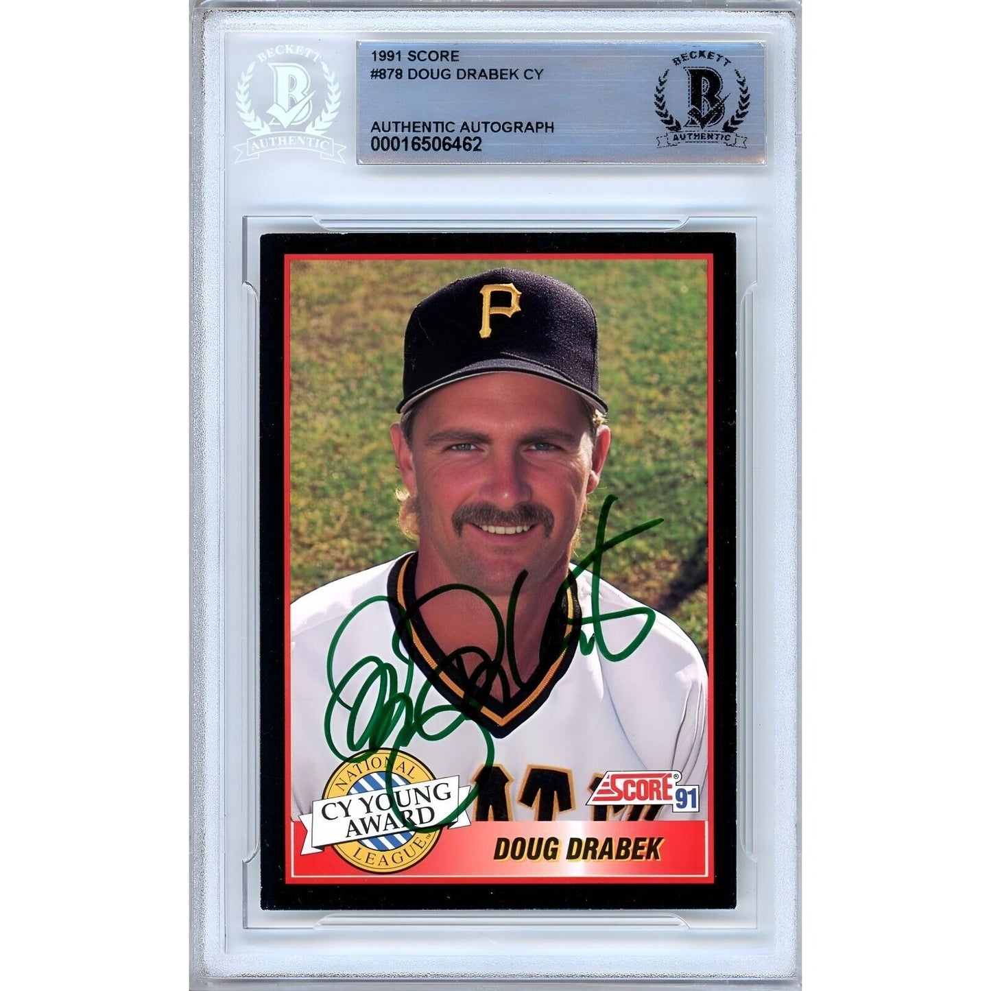 Baseballs- Autographs- Doug Drabek Pittsburgh Pirates Signed 1991 Score Cy Young Award Winner Baseball Card Beckett Authentic Auto Slab Front