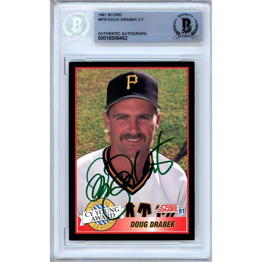 Baseballs- Autographs- Doug Drabek Pittsburgh Pirates Signed 1991 Score Cy Young Award Winner Baseball Card Beckett Authentic Auto Slab Front