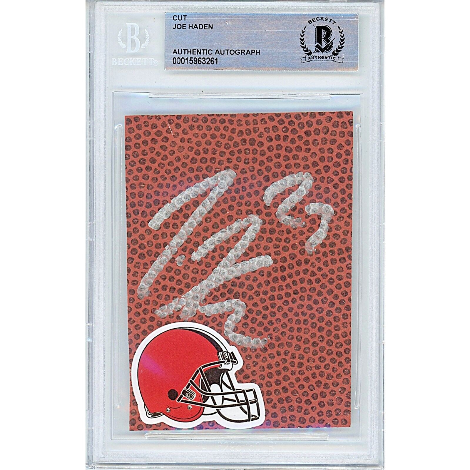 Footballs- Autographed- Joe Haden Cleveland Browns Signed Football Signature Cut Beckett Authentic Auto Slab Front