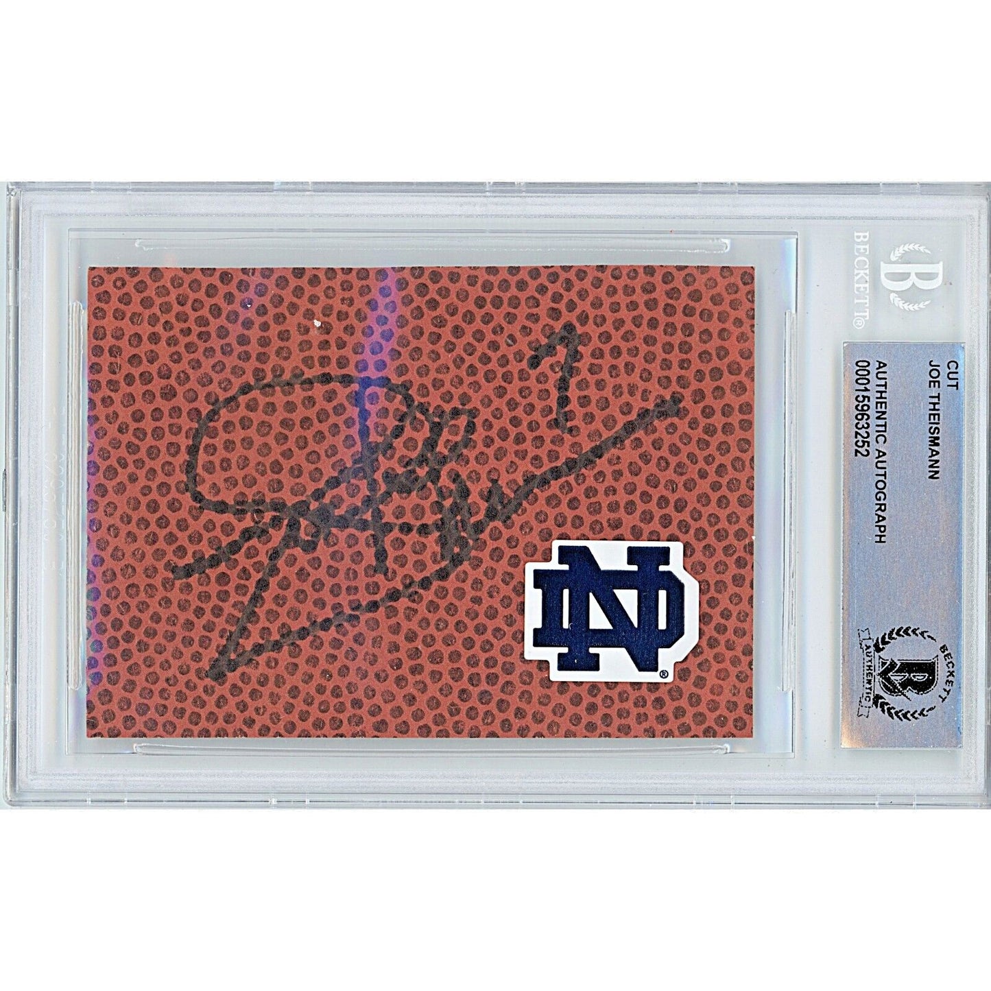 Footballs- Autographed- Joe Theismann Notre Dame Fighting Irish Signed Football Signature Cut Beckett Authentic Auto Slab Front