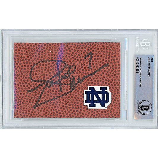 Footballs- Autographed- Joe Theismann Notre Dame Fighting Irish Signed Football Signature Cut Beckett Authentic Auto Slab Front