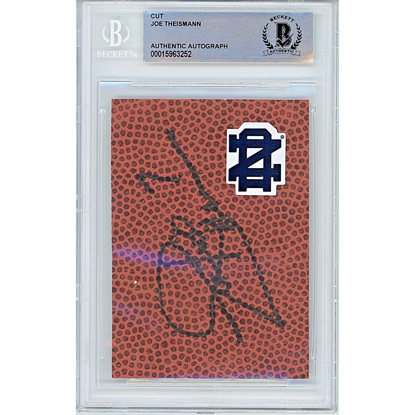 Footballs- Autographed- Joe Theismann University of Notre Dame Signed Football Signature Cut Beckett Authentic Auto Slab Front