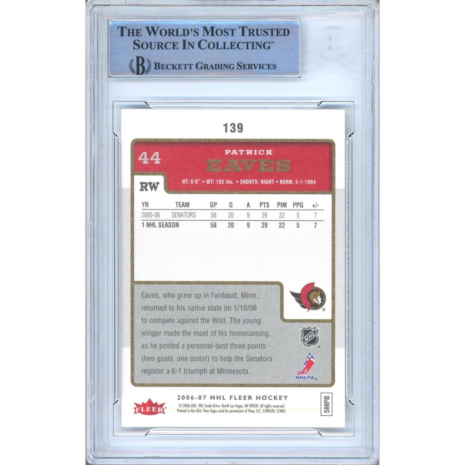 Hockey- Autographed- Patrick Eaves Ottawa Senators Signed 2006-07 Fleer Hockey Card Beckett Authentic Auto Slab Back