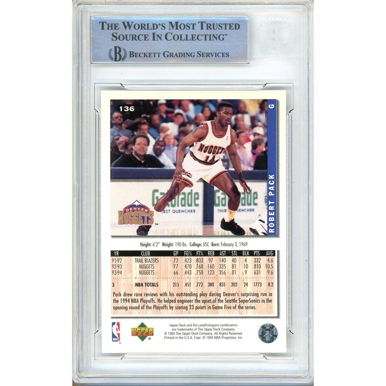 Robert Pack Denver Nuggets signed trading card – signature close-up – Beckett COA