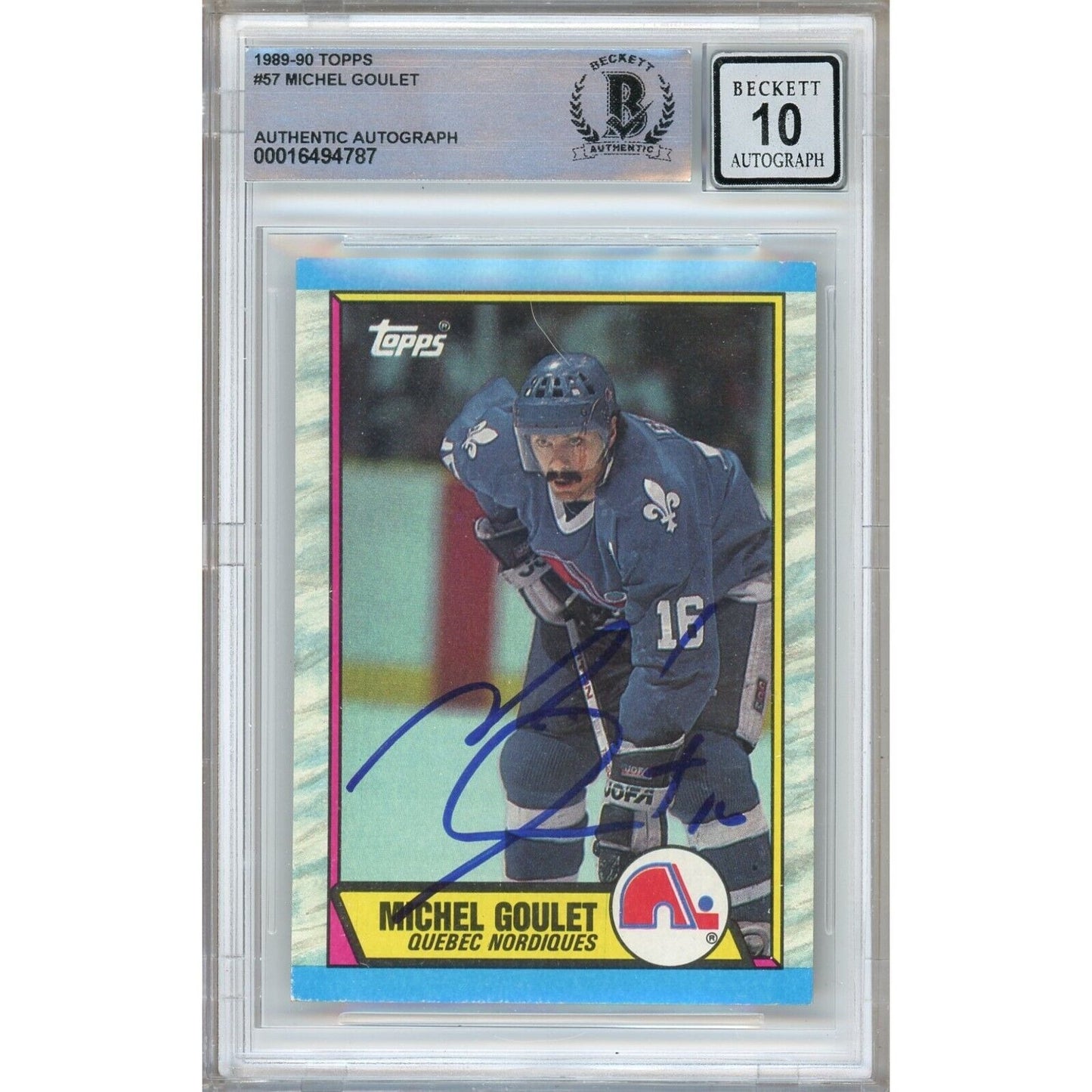 Hockey- Autographed- Michel Goulet Quebec Nordiques Signed 1989-90 Topps Hockey Card Beckett Authentic BGS Auto-10 Graded Slab Front