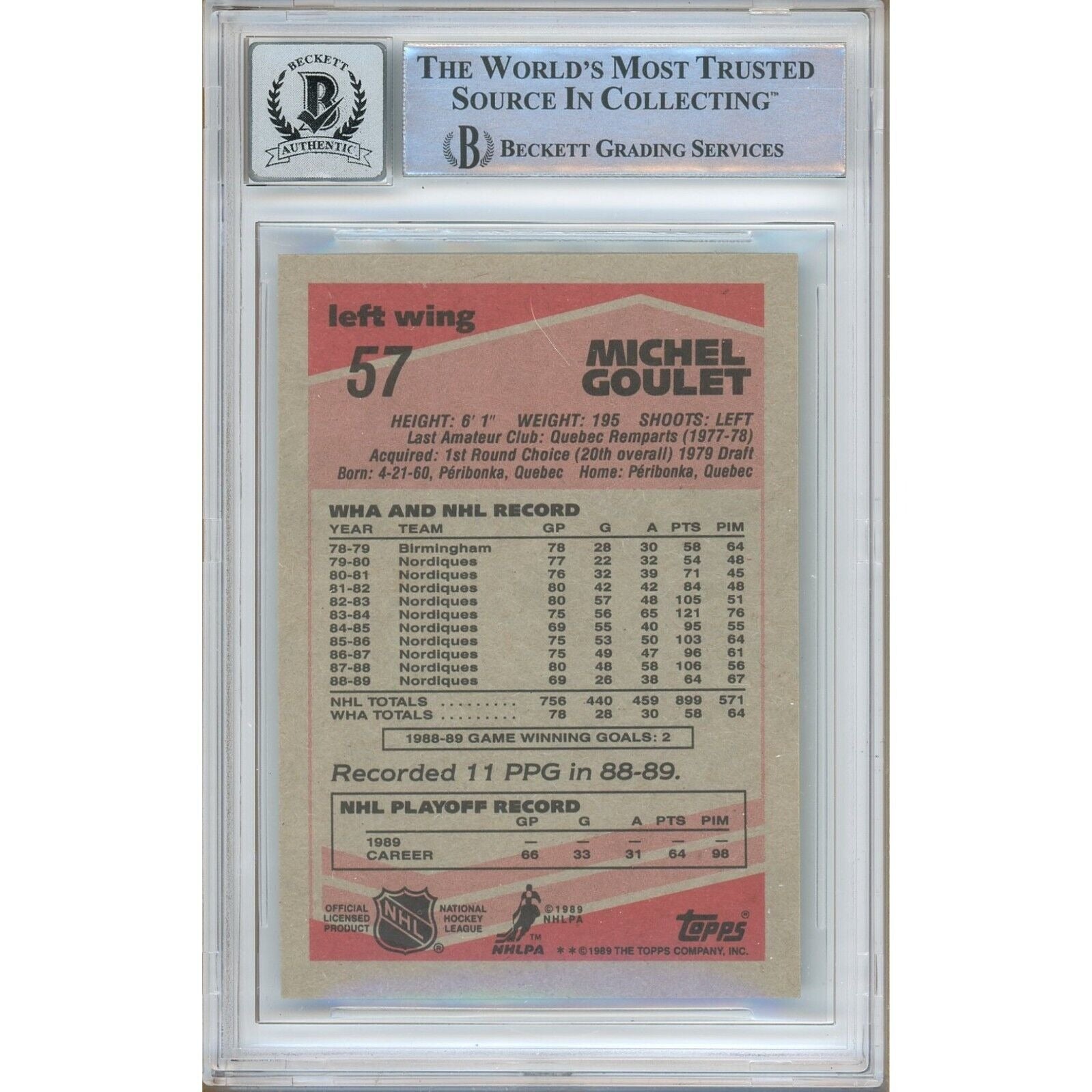 Hockey- Autographed- Michel Goulet Quebec Nordiques Signed 1989-90 Topps Hockey Card Beckett Authentic BGS Auto-10 Graded Slab Back