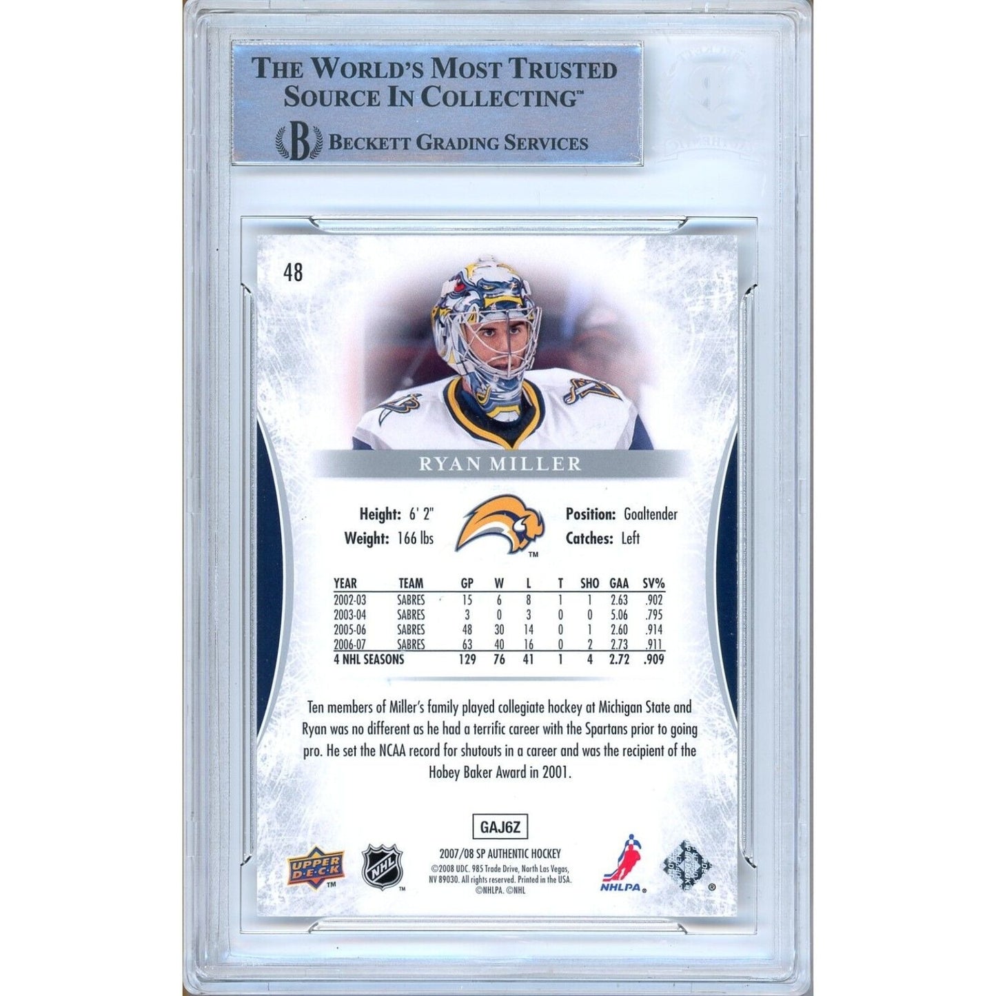 Hockey- Autographed- Ryan Miller Buffalo Sabres Signed 2007-08 Upper Deck SP Authentic Trading Card Beckett Auth Auto Slab Back