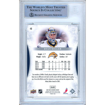 Hockey- Autographed- Ryan Miller Buffalo Sabres Signed 2007-08 Upper Deck SP Authentic Trading Card Beckett Auth Auto Slab Back