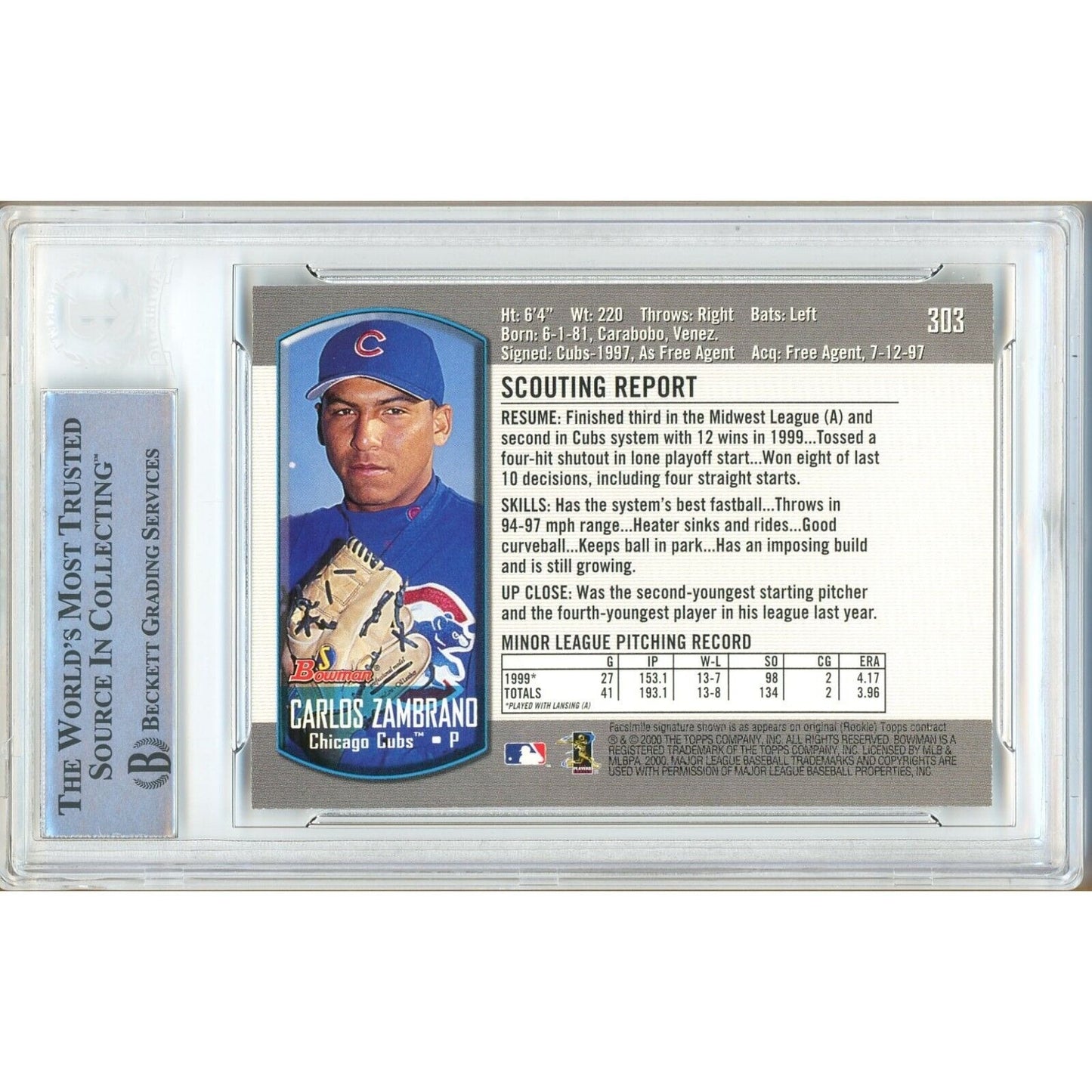 Baseballs- Autographed- Carlos Zambrano Chicago Cubs Signed 2000 Bowman Rookie Baseball Card Beckett Authentic Auto Slab Back