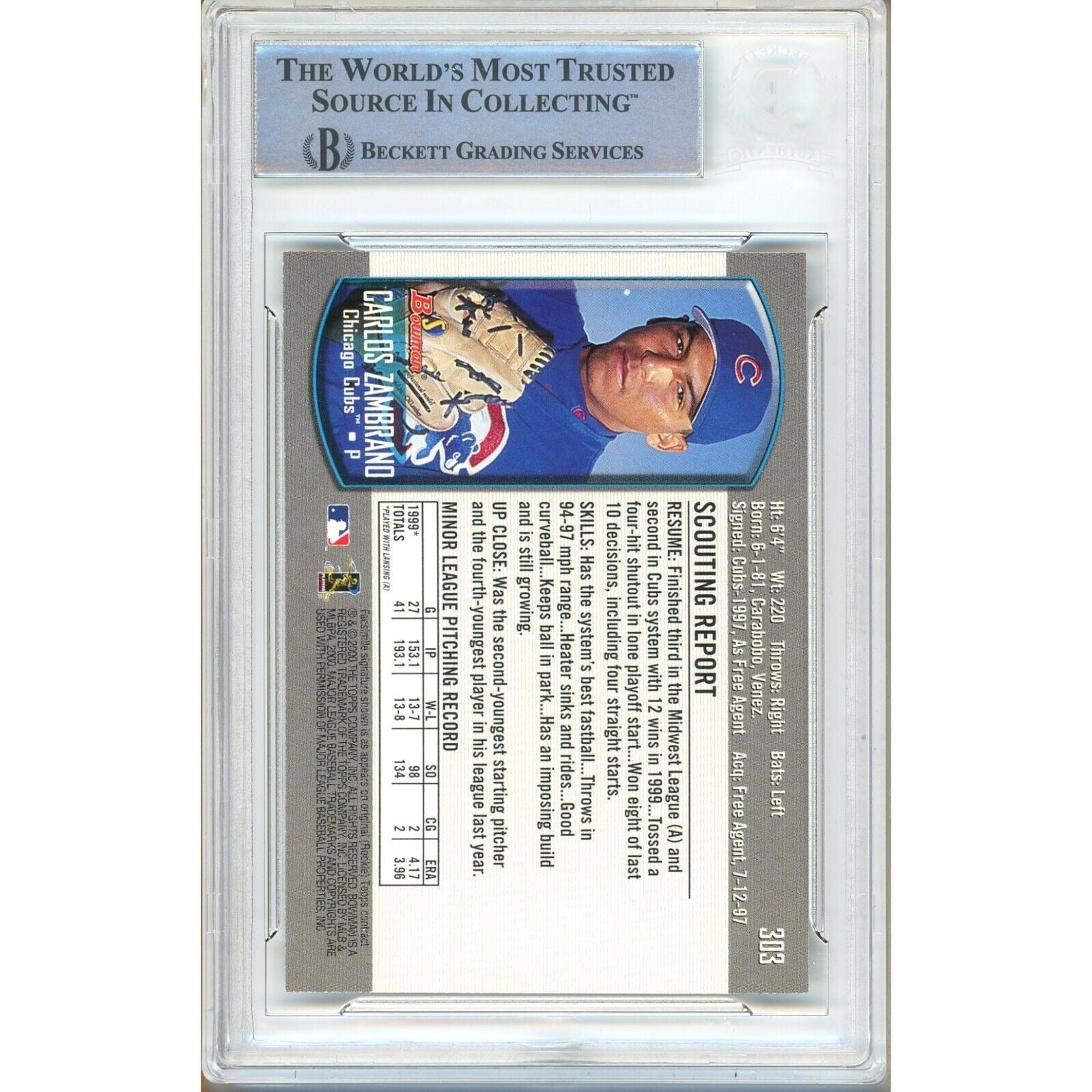 2000 Bowman #303 Carlos Zambrano Chicago Cubs Autograph Trading Card – Beckett BAS