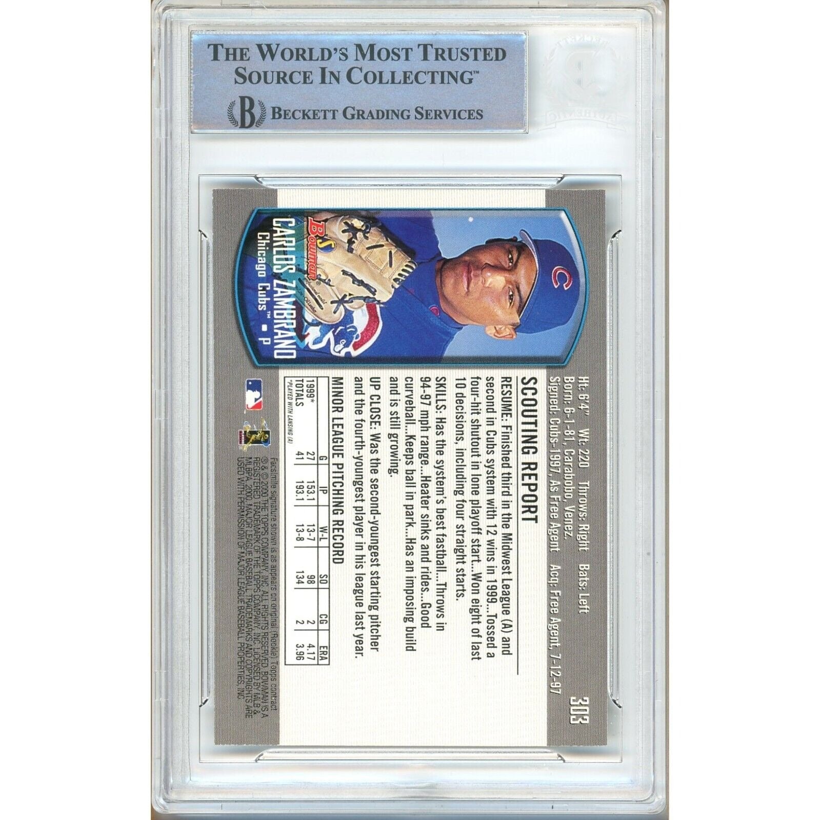 Baseballs- Autographed- Carlos Zambrano Chicago Cubs Signed 2000 Bowman Rookie Baseball Card Beckett Authenticated Auto Slab Back