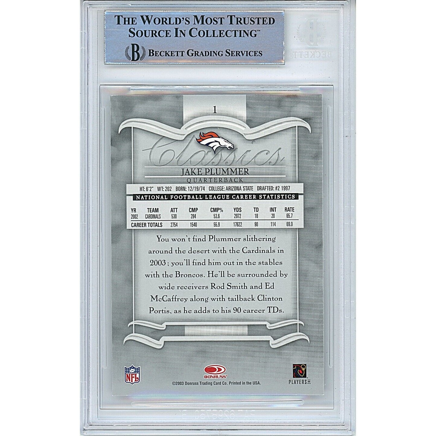 Footballs- Autographed- Jake The Snake Plummer Arizona Cardinals Signed 2003 Donruss Classics Football Card Beckett Authentic Auto Slab Back