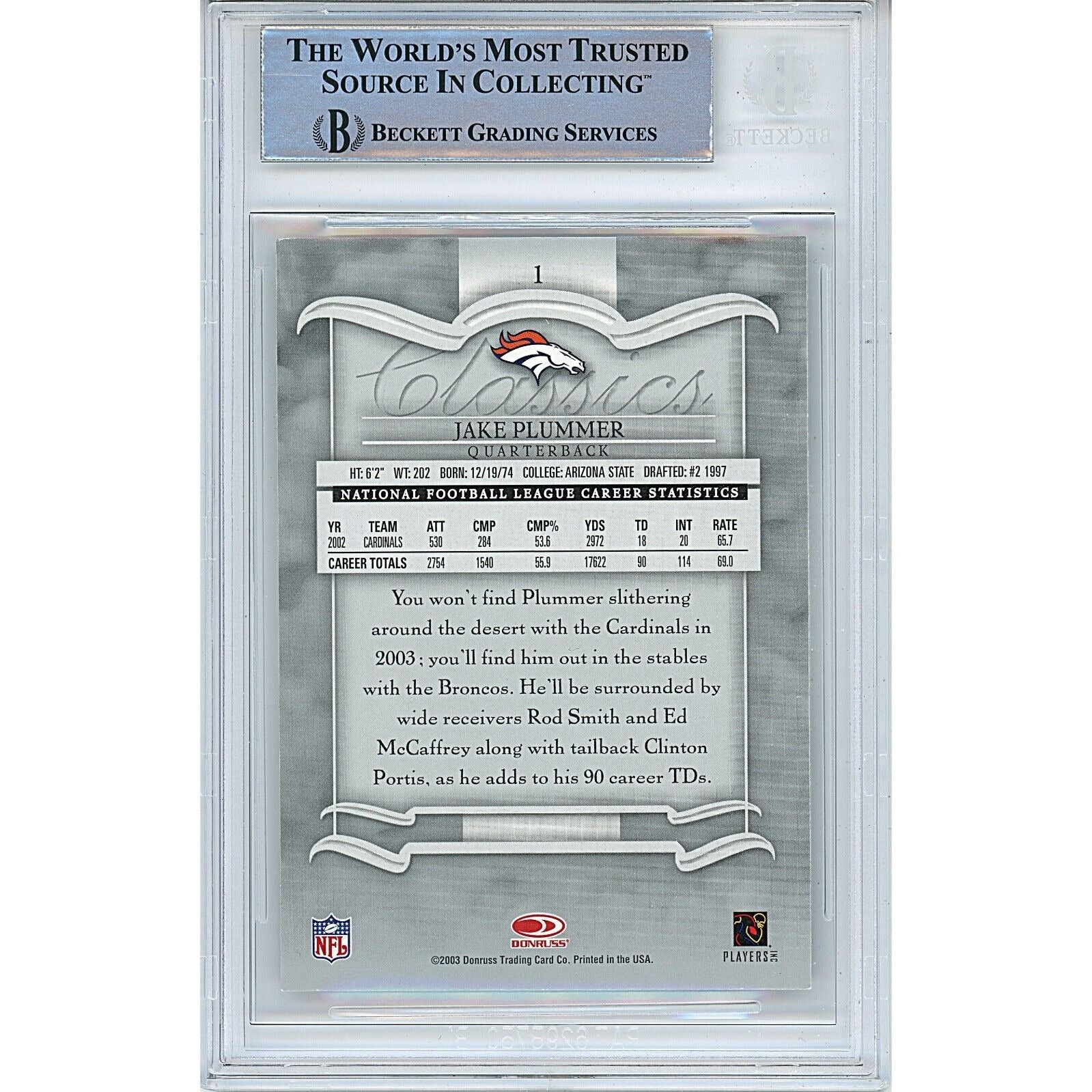 Footballs- Autographed- Jake The Snake Plummer Arizona Cardinals Signed 2003 Donruss Classics Football Card Beckett Authentic Auto Slab Back