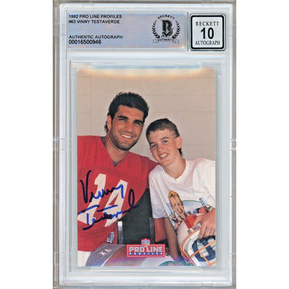 Footballs- Autographed- Vinny Testaverde Tampa Bay Buccaneers Signed 1992 Pro Line Profiles Trading Card Beckett Authentic BGS Auto-10 Graded Slab Front