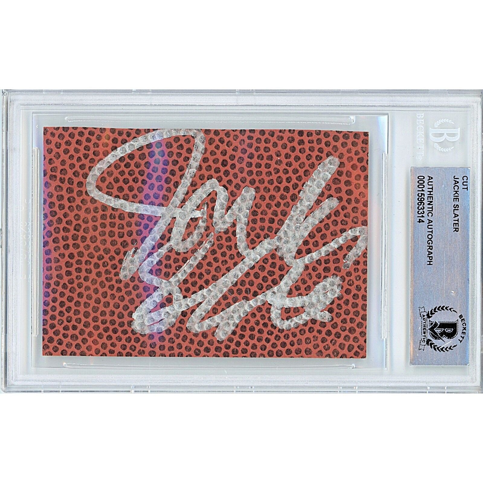 Footballs- Autographed- Jackie Slater Los Angeles Rams Signed Football Signature Cut Beckett Authentic Auto Slab Front