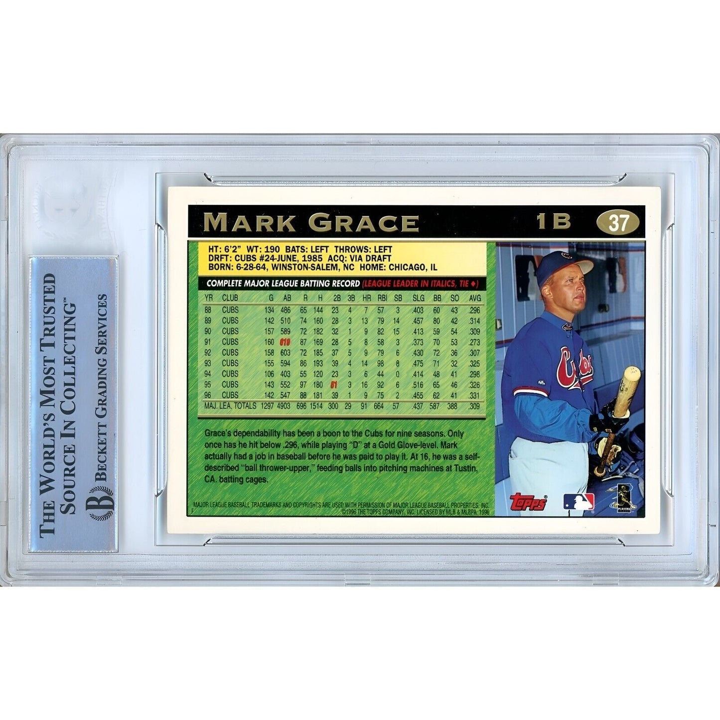 Baseballs- Autographed- Mark Grace Chicago Cubs Signed 1997 Topps Baseball Card Beckett Authentic Auto Slab Back