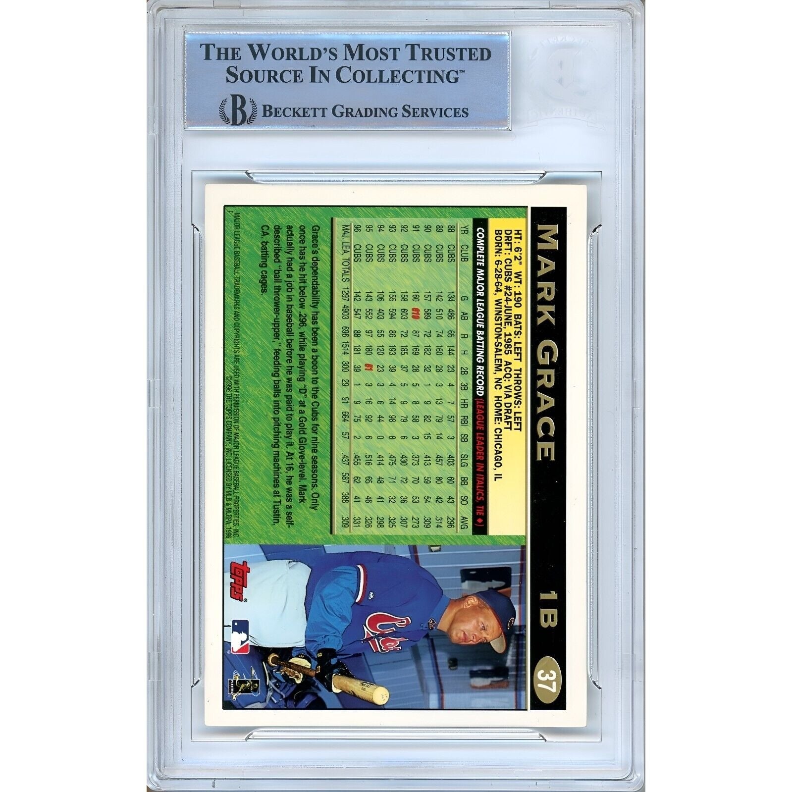 Baseballs- Autographed- Mark Grace Chicago Cubs Signed 1997 Topps Baseball Card Beckett Authenticated Auto Slab Back