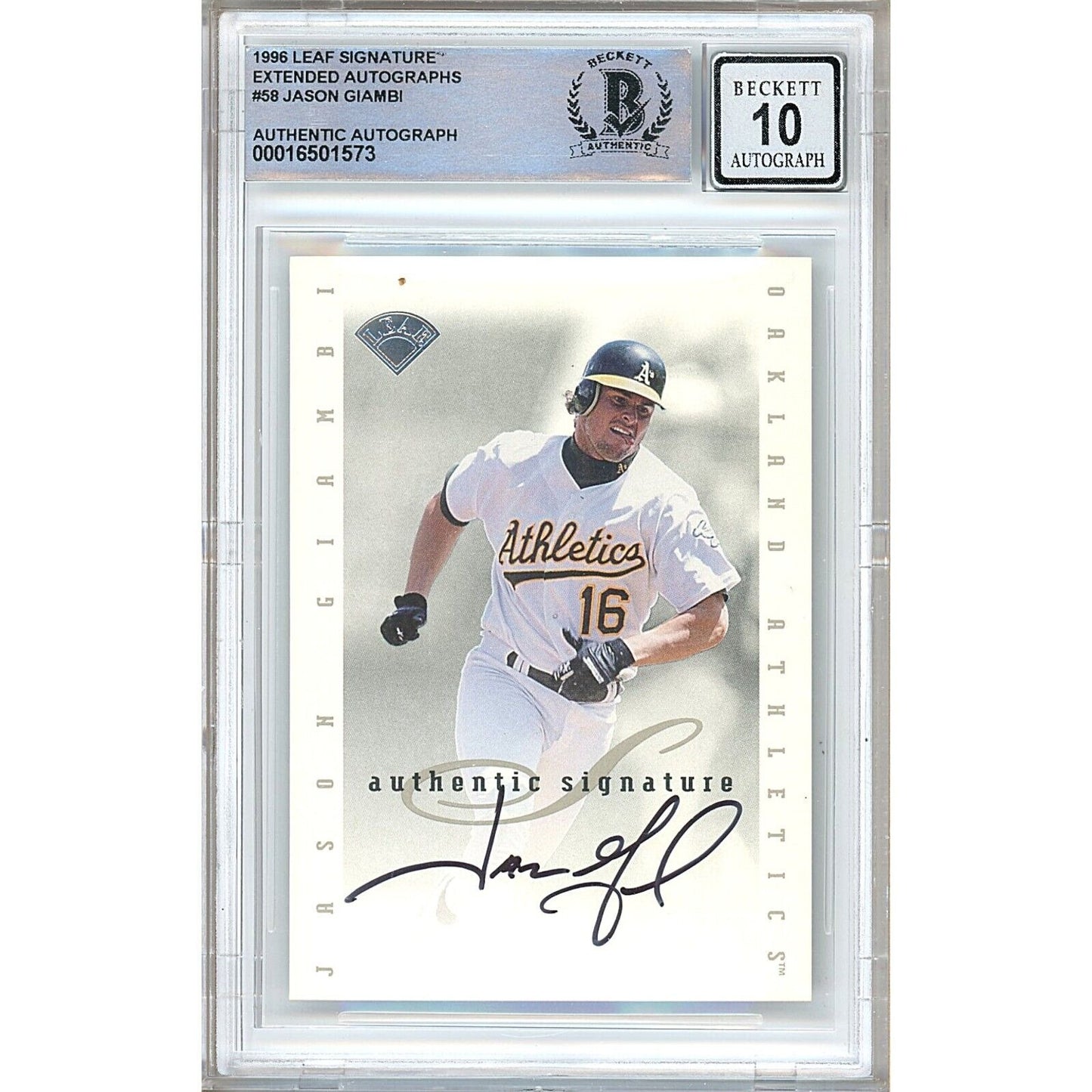 Baseballs- Autographed- Jason Giambi Oakland Athletics Signed 1996 Leaf Signature Extended Autographs Baseball Card Beckett Authentic BGS Auto-10 Graded Slab Front