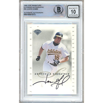 Baseballs- Autographed- Jason Giambi Oakland Athletics Signed 1996 Leaf Signature Extended Autographs Baseball Card Beckett Authentic BGS Auto-10 Graded Slab Front