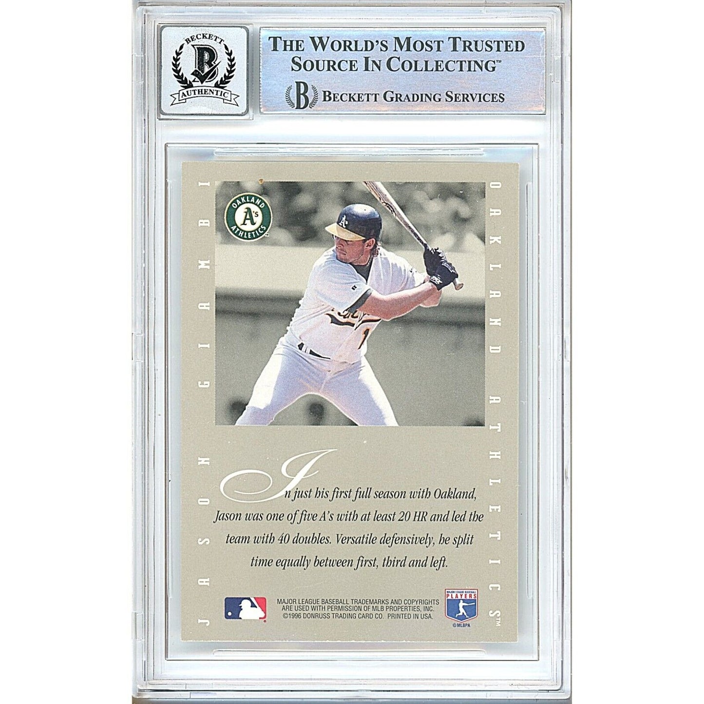 Baseballs- Autographed- Jason Giambi Oakland Athletics Signed 1996 Leaf Signature Extended Autographs Baseball Card Beckett Authentic BGS Auto-10 Graded Slab Back