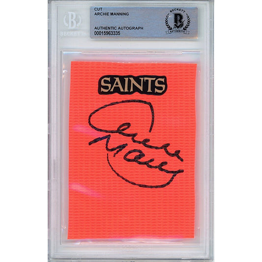 Footballs- Autographed- Archie Manning New Orleans Saints Signed Football End Zone Pylon Cut Beckett Authentic Auto Slab Front