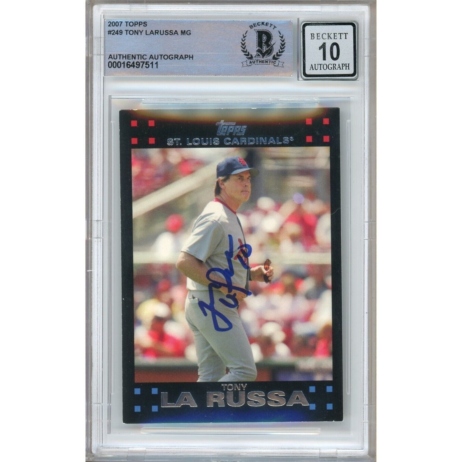 Tony LaRussa St Louis Cardinals autographed trading card – full view – Beckett COA