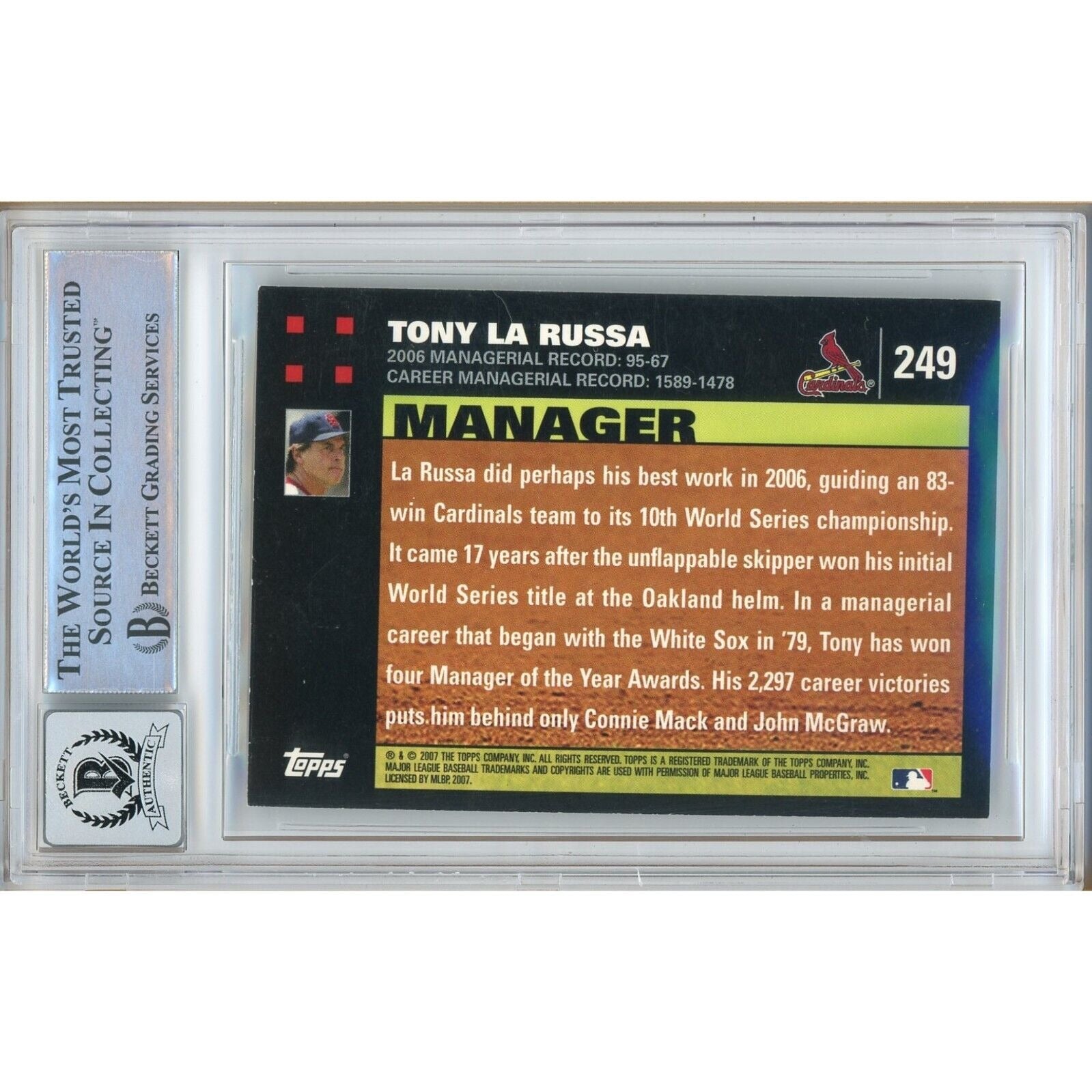 Baseballs- Autographed- Tony LaRussa St Louis Cardinals Signed 2007 Topps Trading Card Beckett Authentic BGS Auto-10 Graded Slab Back