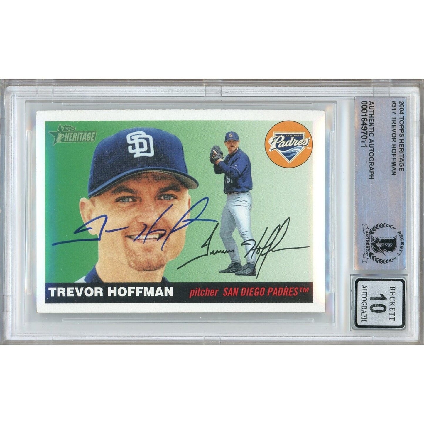 Baseballs- Autographed- Trevor Hoffman San Diego Padres Signed 2004 Topps Heritage Trading Card Beckett Authentic BGS Auto-10 Graded Slab Front