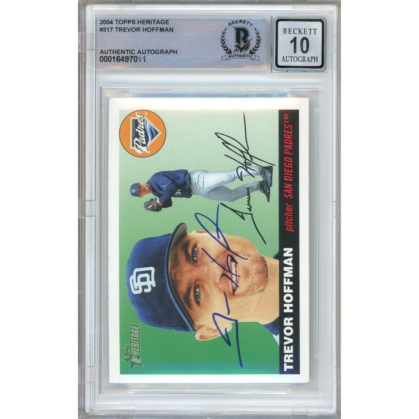 Baseballs- Autographed- Trevor Hoffman SD Padres Signed 2004 Topps Heritage Trading Card Beckett Authentic BGS Auto-10 Graded Slab Front